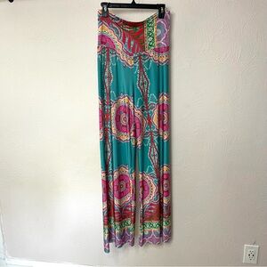 Pleated Blue and Pink Medallion Print Maxi Wide Leg Pants for Resort Wear